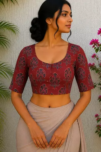 Brown cotton printed readymade blouse