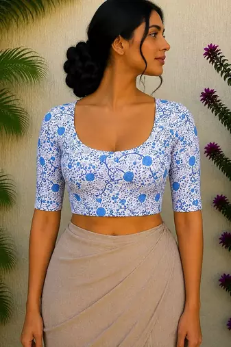 Sky blue cotton printed readymade blouse