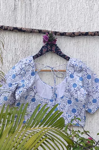 Sky blue cotton printed readymade blouse
