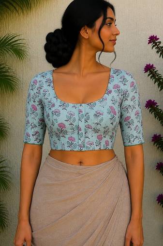 Sky blue cotton printed readymade blouse