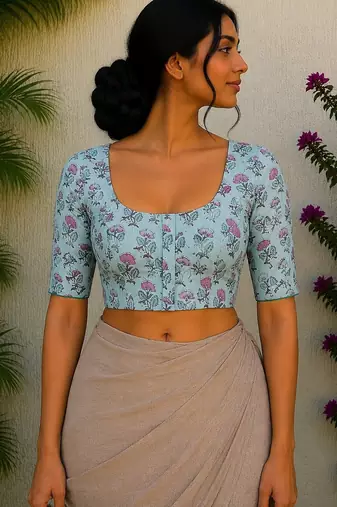 Sky blue cotton printed readymade blouse