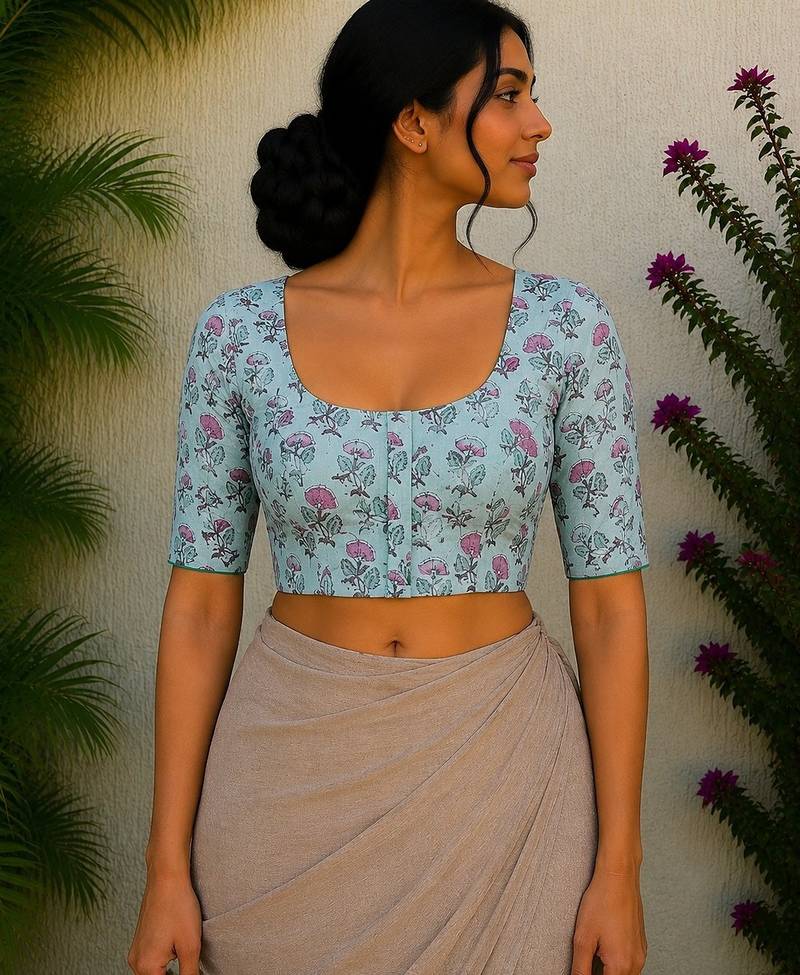 Sky blue cotton printed readymade blouse