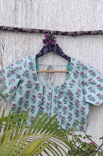 Sky blue cotton printed readymade blouse