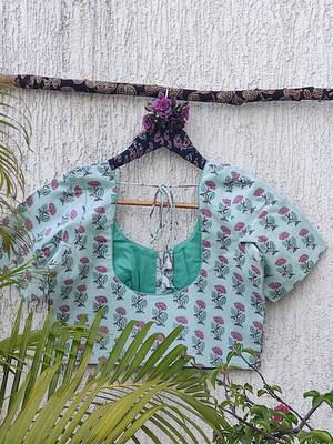 Sky blue cotton printed readymade blouse 4