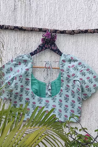 Sky blue cotton printed readymade blouse