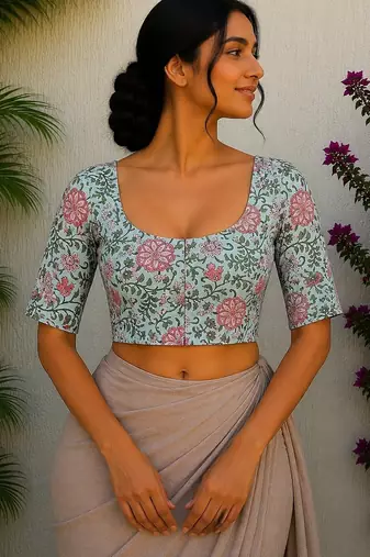 Sky blue cotton printed readymade blouse