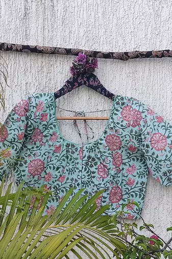 Sky blue cotton printed readymade blouse