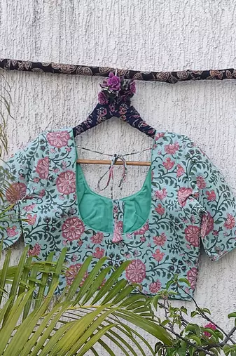Sky blue cotton printed readymade blouse