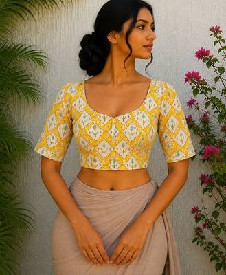 Yellow cotton printed readymade blouse 1