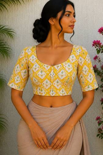 Yellow cotton printed readymade blouse