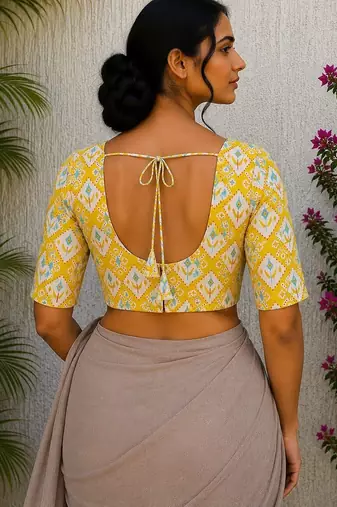 Yellow cotton printed readymade blouse