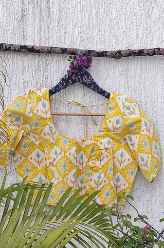 Yellow cotton printed readymade blouse