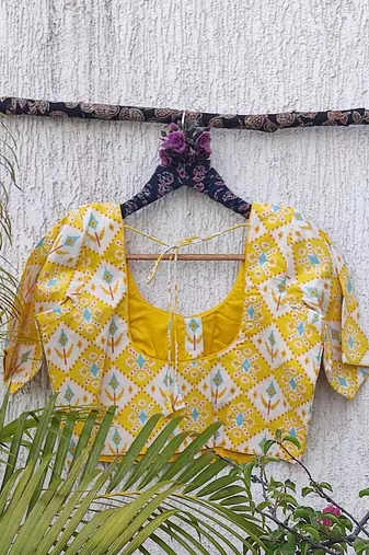 Yellow cotton printed readymade blouse