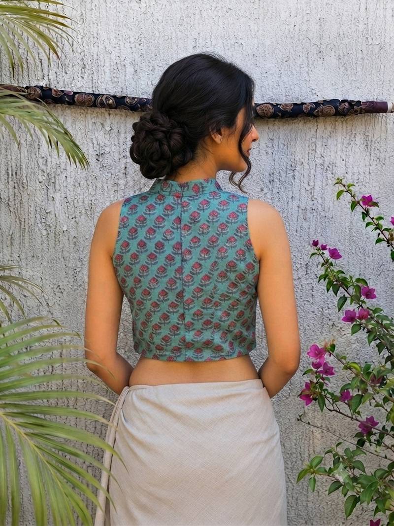 Sky blue cotton printed readymade blouse