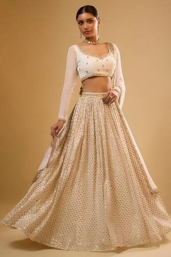 White Viscose Georgette, Net Sequins With Zari Embroidery,Mirror Work Lehenga Set For Women's