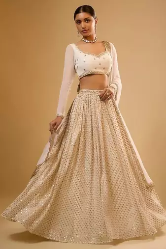 White Viscose Georgette, Net Sequins With Zari Embroidery,Mirror Work Lehenga Set For Women's