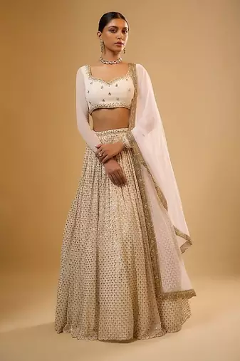 White Viscose Georgette, Net Sequins With Zari Embroidery,Mirror Work Lehenga Set For Women's