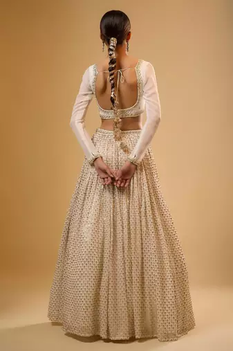 White Viscose Georgette, Net Sequins With Zari Embroidery,Mirror Work Lehenga Set For Women's