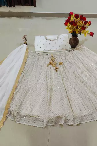 White Viscose Georgette, Net Sequins With Zari Embroidery,Mirror Work Lehenga Set For Women's