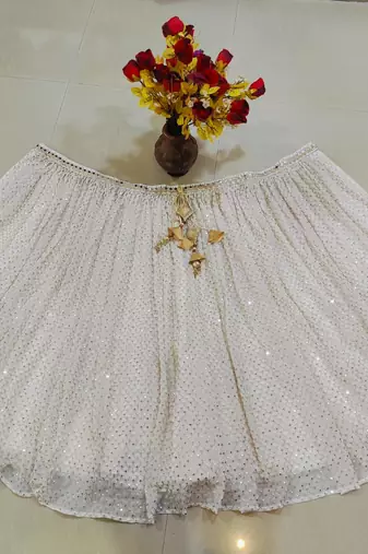 White Viscose Georgette, Net Sequins With Zari Embroidery,Mirror Work Lehenga Set For Women's