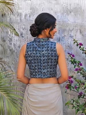 Navy blue cotton printed readymade blouse 2