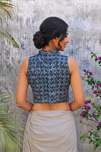 Navy blue cotton printed readymade blouse