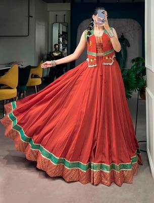 Women Rust Orange Chanderi Pleated Lehenga Choli with Gamthi Work Koti Jacket -  Free Size 1