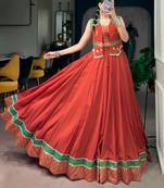 Women Rust Orange Chanderi Pleated Lehenga Choli with Gamthi Work Koti Jacket -  Free Size