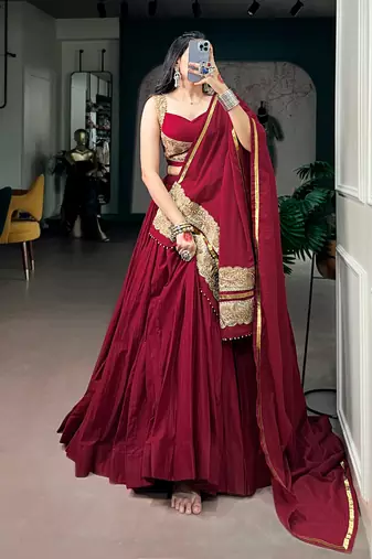 Women Maroon Solid Pleated Mal Cotton Free Size Lehenga Choli with Embroidered Dupatta