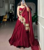 Women Maroon Solid Pleated Mal Cotton Lehenga Choli with Embroidered Dupatta - Free Size