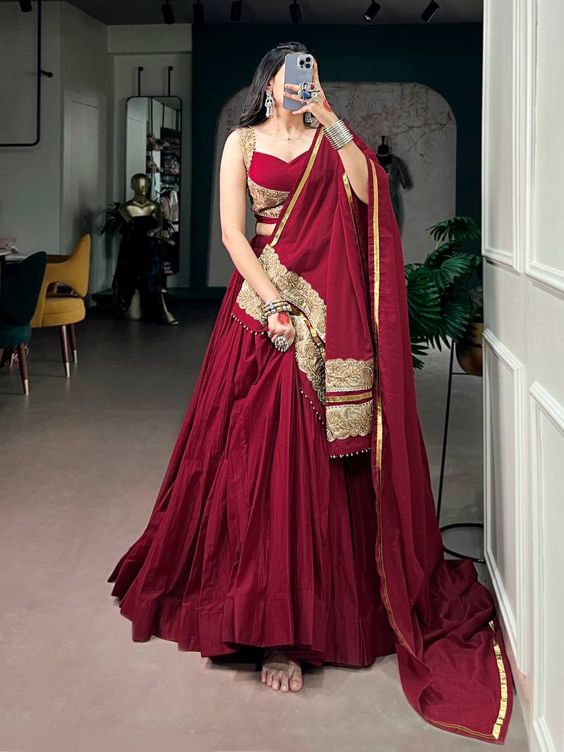 Women Maroon Solid Pleated Mal Cotton Lehenga Choli with Embroidered Dupatta - Free Size