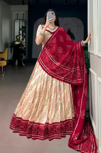 Women Bandhej Print Tasar Silk Free Size Lehenga Choli Set with Gamthi Embroidery Blouse