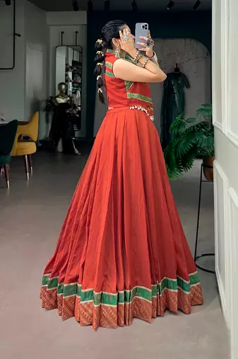 Women Rust Orange Chanderi Pleated Free Size Lehenga Choli with Gamthi Work Koti Jacket
