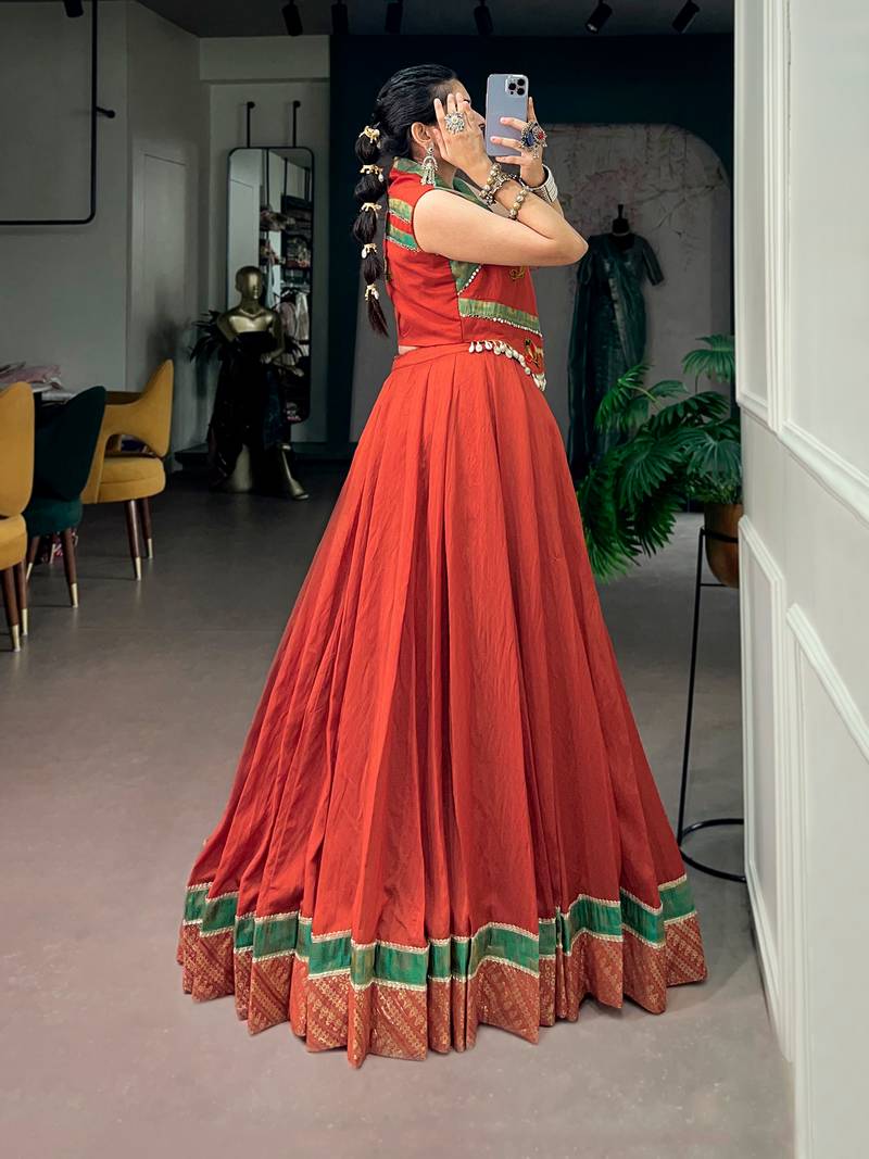 Women Rust Orange Chanderi Pleated Lehenga Choli with Gamthi Work Koti Jacket -  Free Size