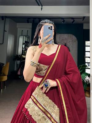 Women Maroon Solid Pleated Mal Cotton Lehenga Choli with Embroidered Dupatta - Free Size 2