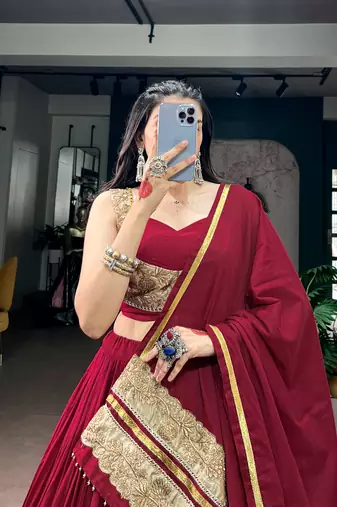 Women Maroon Solid Pleated Mal Cotton Free Size Lehenga Choli with Embroidered Dupatta