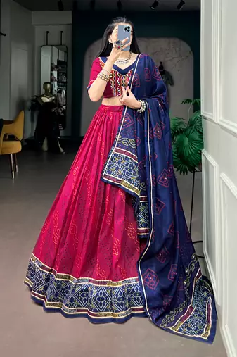 Women Bandhej Print Tasar Silk Free Size Lehenga Choli Set with Gamthi Embroidery Blouse