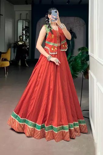 Women Rust Orange Chanderi Pleated Free Size Lehenga Choli with Gamthi Work Koti Jacket