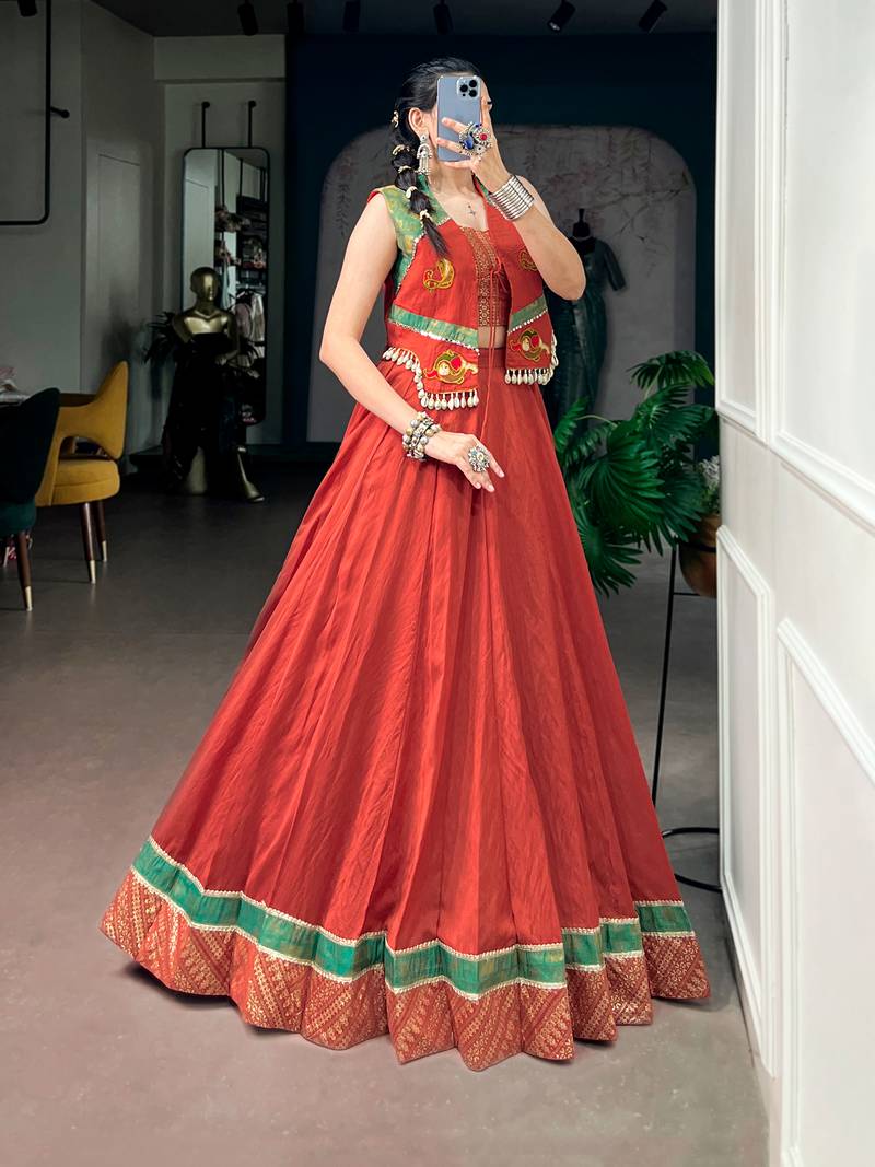 Women Rust Orange Chanderi Pleated Lehenga Choli with Gamthi Work Koti Jacket -  Free Size