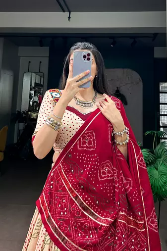 Women Bandhej Print Tasar Silk Free Size Lehenga Choli Set with Gamthi Embroidery Blouse