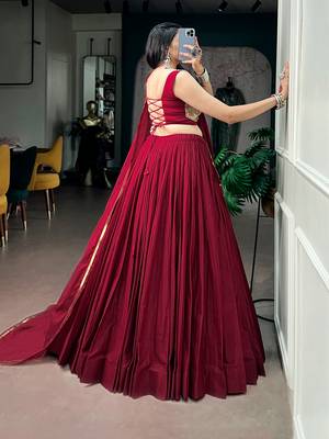 Women Maroon Solid Pleated Mal Cotton Lehenga Choli with Embroidered Dupatta - Free Size 3
