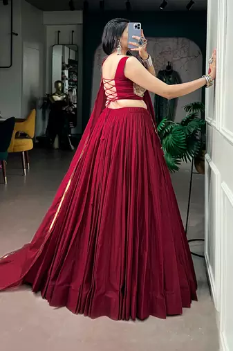 Women Maroon Solid Pleated Mal Cotton Free Size Lehenga Choli with Embroidered Dupatta
