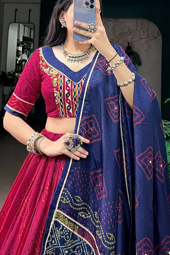 Women Bandhej Print Tasar Silk Free Size Lehenga Choli Set with Gamthi Embroidery Blouse