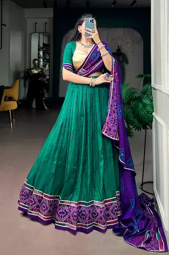 Women Bandhej Print Tasar Silk Free Size Lehenga Choli Set with Gamthi Embroidery Blouse