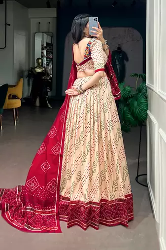 Women Bandhej Print Tasar Silk Free Size Lehenga Choli Set with Gamthi Embroidery Blouse