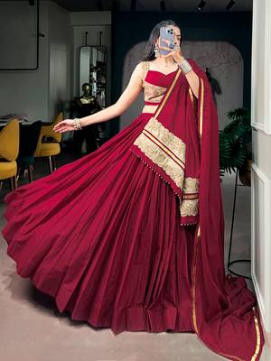 Women Maroon Solid Pleated Mal Cotton Lehenga Choli with Embroidered Dupatta - Free Size 4