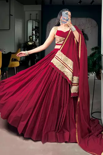 Women Maroon Solid Pleated Mal Cotton Free Size Lehenga Choli with Embroidered Dupatta