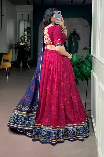 Women Bandhej Print Tasar Silk Free Size Lehenga Choli Set with Gamthi Embroidery Blouse
