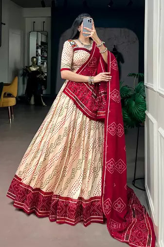 Women Bandhej Print Tasar Silk Free Size Lehenga Choli Set with Gamthi Embroidery Blouse