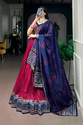 Women Bandhej Print Tasar Silk Free Size Lehenga Choli Set with Gamthi Embroidery Blouse